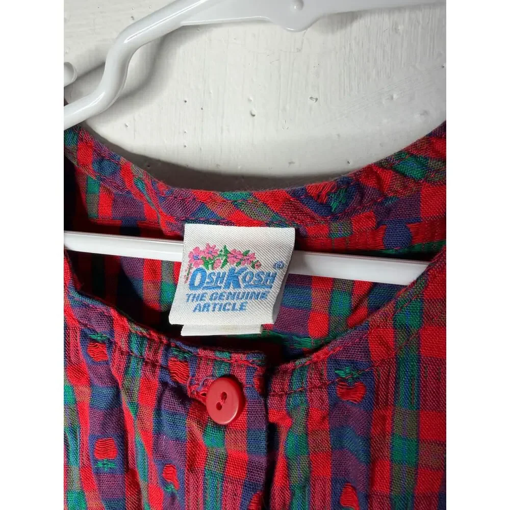 Oshkosh Vintage Girls 6X Apple Dress Jumper Plaid Red Made in USA